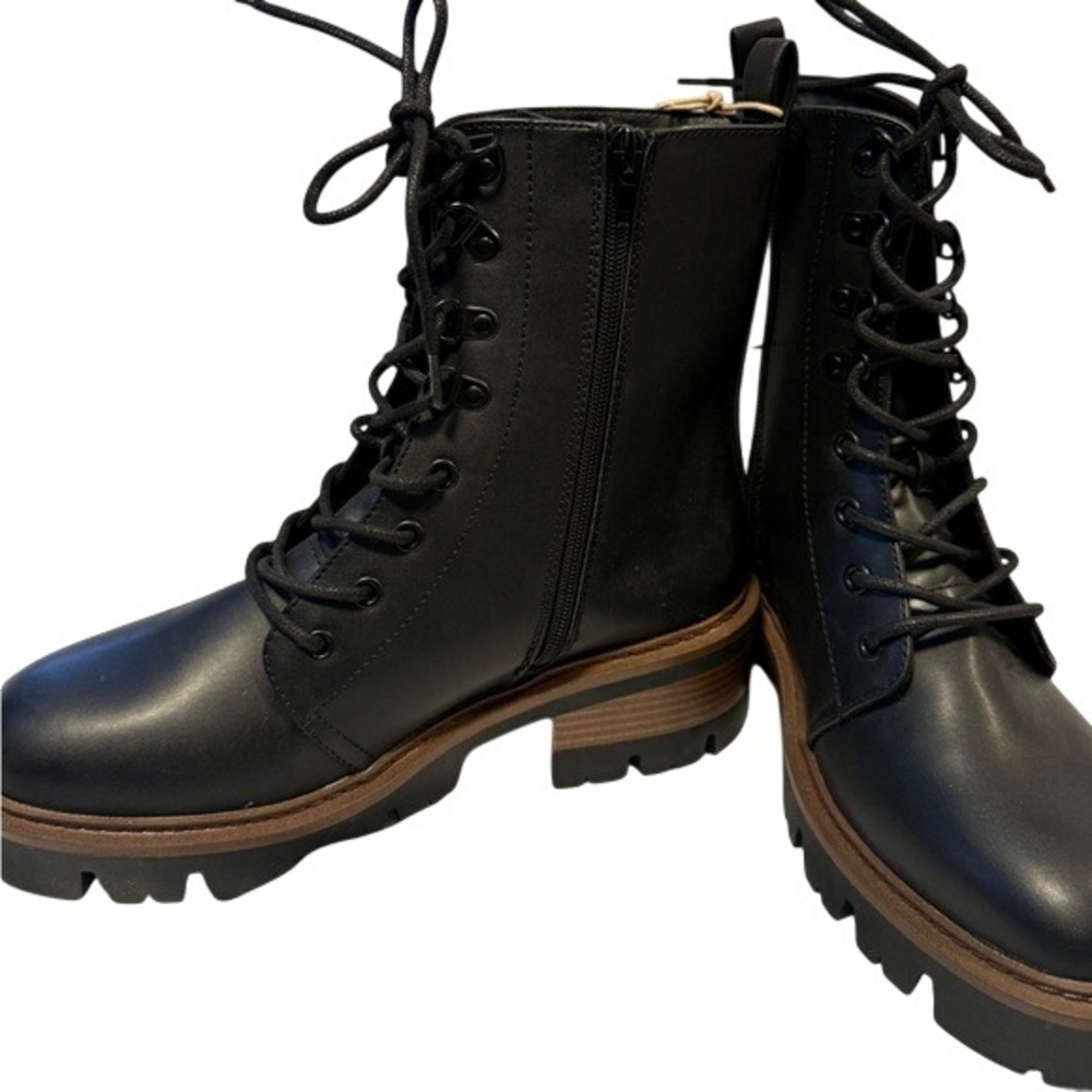 MIA Women Black Lace Up Combat Boots Side Zip Lug Sole Ankle Boots Size 8.5